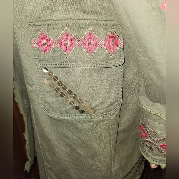 NWOT Tasha Polizzi Hamilton Embroidered Studded Green Military Jacket Duster L - Picture 7 of 10